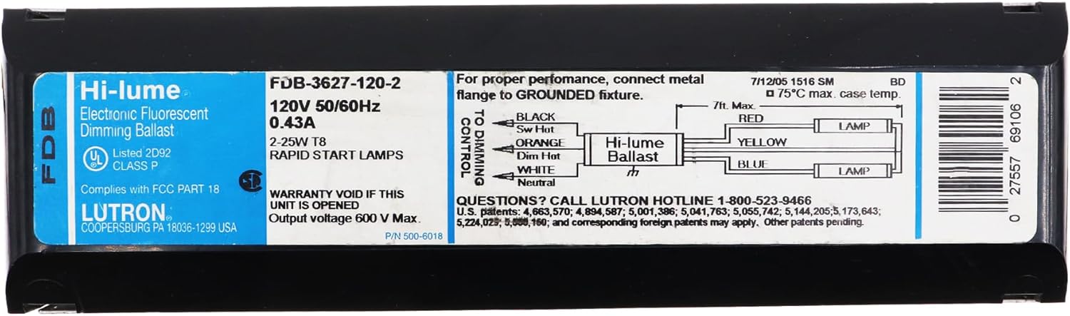 Lutron FDB-3627-120-2 Fluorescent Dimming Ballast, 2-Lamp, T8 25W, F25T8, 120V