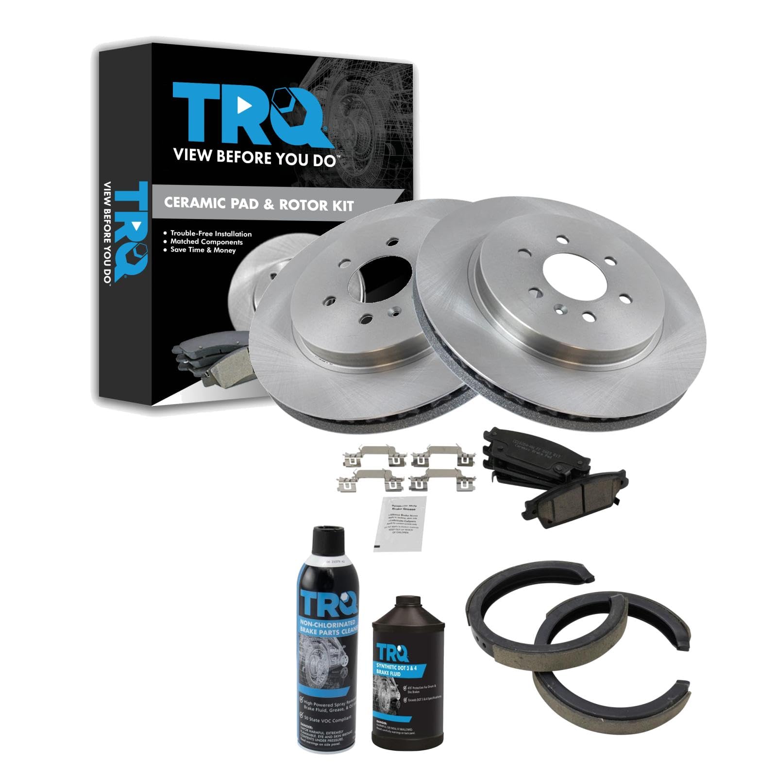 TRQ Rear Brake Pad &amp; Rotor Kit, with Chemical Kit Parking Brake Shoe Set Ceramic Compatible with 2004-2009 Cadillac SRX