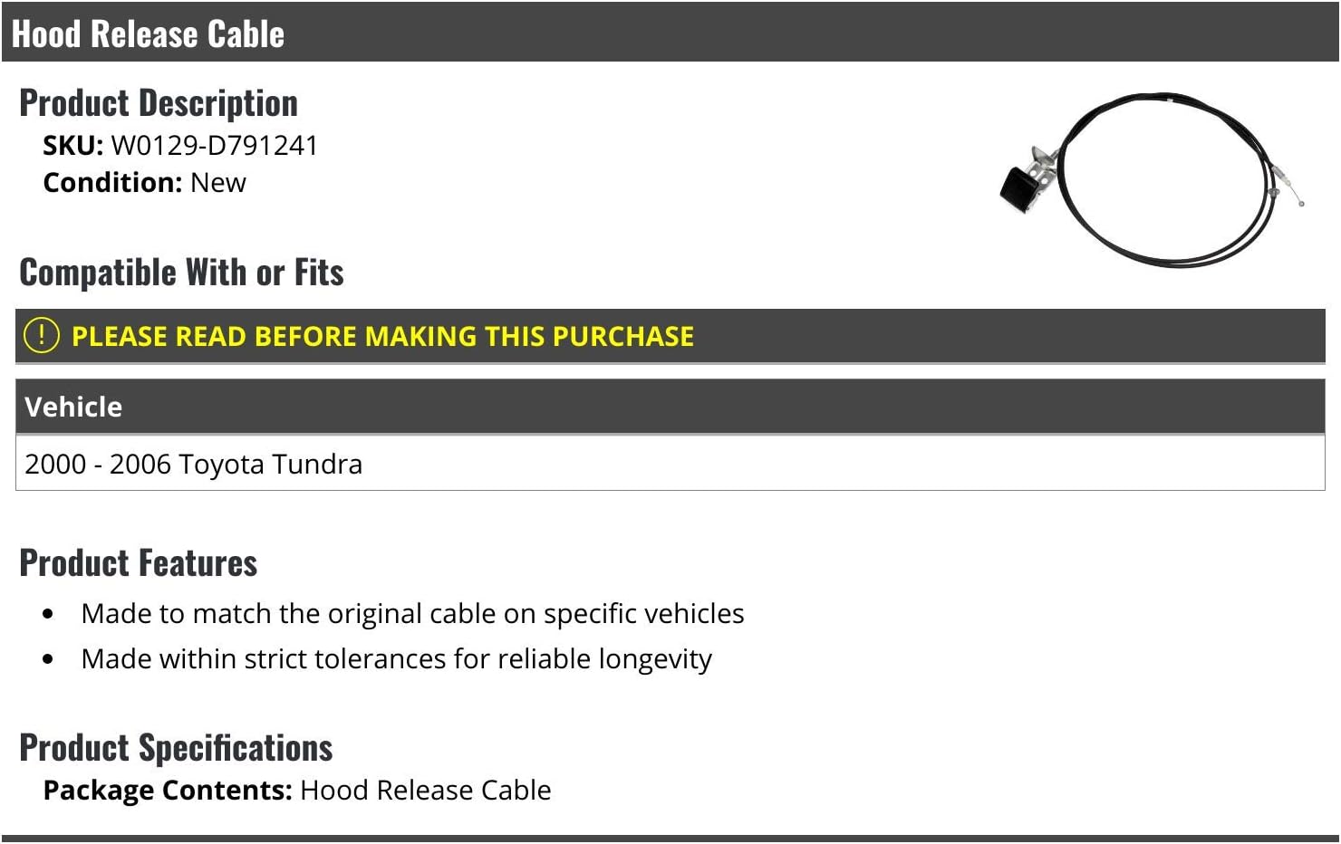 Marketplace Auto Parts Hood Release Cable - Compatible with 2000-2006 Toyota Tundra