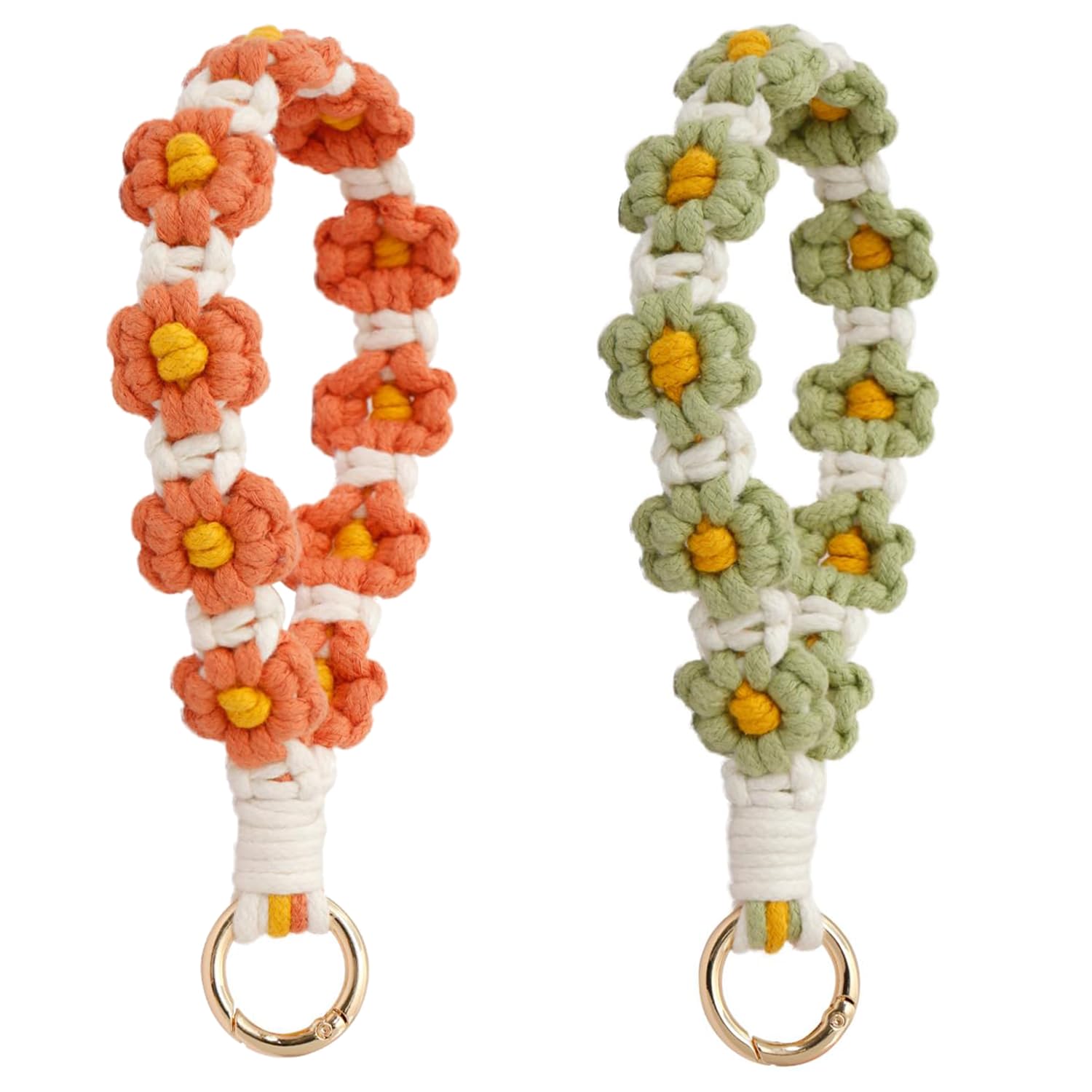Yaliya Unisex Red And Green 2Pcs Daisy Key Lanyards Keychain Wristlet Handmade Braided Keychain Wrist Lanyard Crochet Boho Keychain Bracelet Keychain Purse Charm（Pink + Blue + Green + Red）