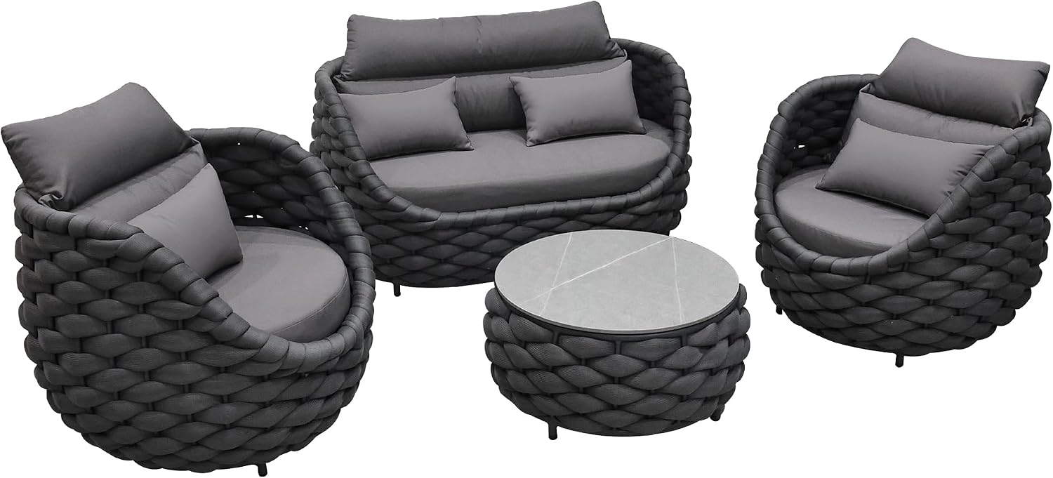 4 Pieces Set Aluminum Outdoor&Indoor Sofa, Modern Patio Furniture Set Conversation Set with Soft Cushion and Coffee Table for Balcony Garden，Black