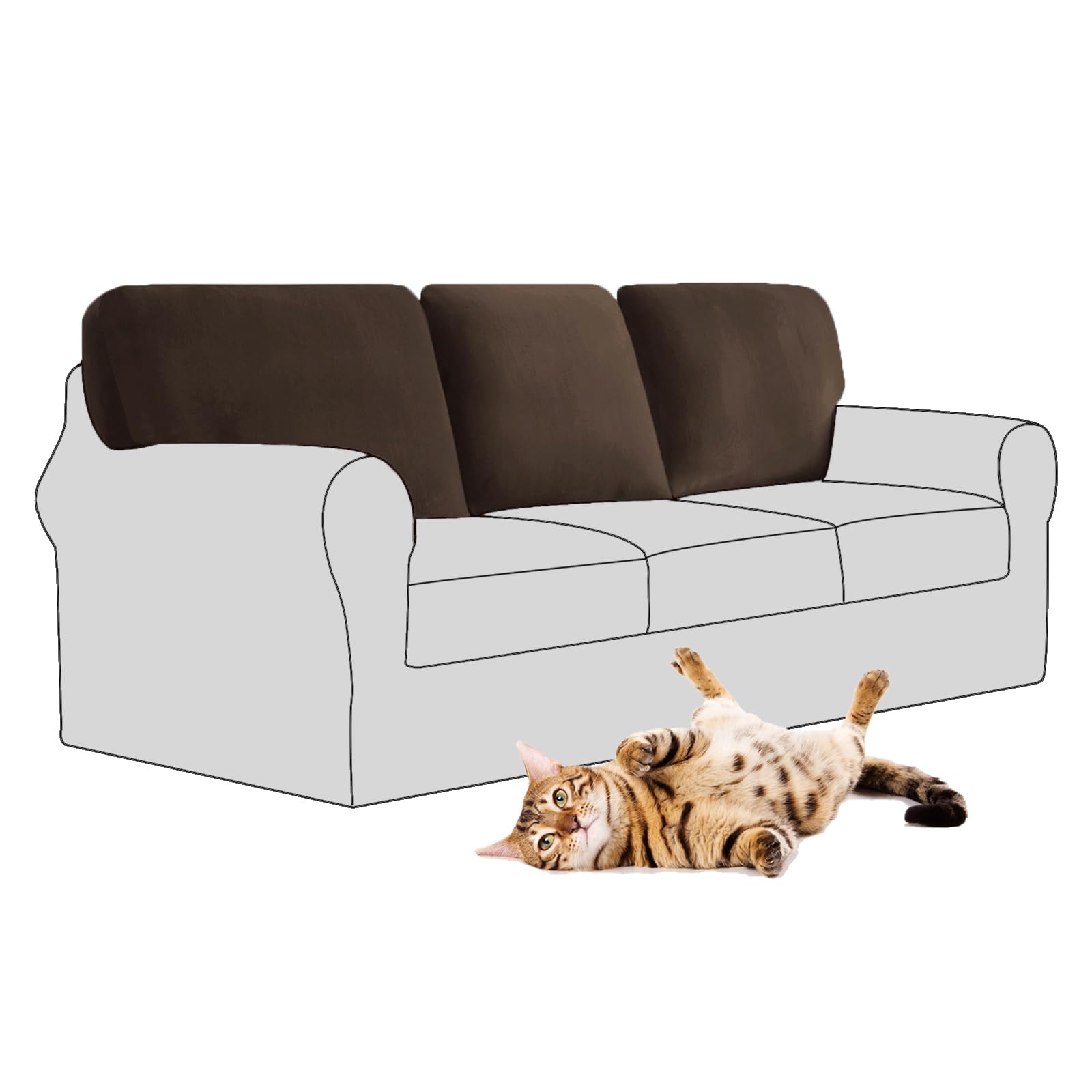 SYLC Stretch Velvet Sofa Backrest Cover, Back Cushion Covers Non-Slip Sofa Cushion Slipcovers for Couch Chesterfield Caravan RV Dinette (Dark Brown,3 pcs Rectangle L)
