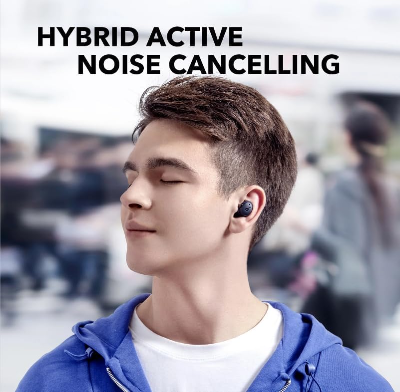 Person wearing Soundcore Life Dot 3i earbuds in a busy environment, illustrating noise cancellation