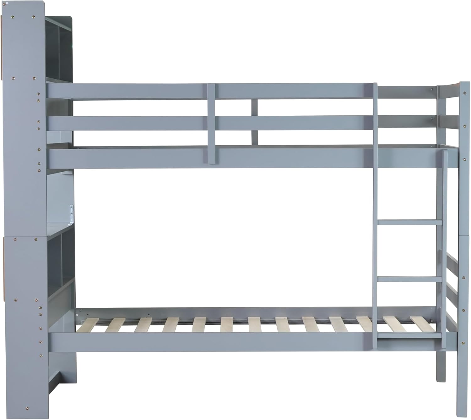 Bunk Bed Twin Over Twin, Rubber Wood Bunk Bed with Bookcase Shelves Headboard, Convertible Bunk Beds Twin Over Twin for Dormitory,Multiple-Child Family, Kids Bunk Bed for Girls Boys,Grey