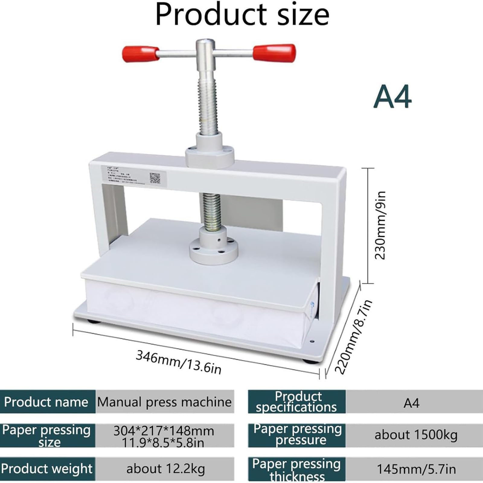 Manuelle Papierabflachmaschine, A3/A4 Papierpresse, 1500 kg Hochdruck, ideal für Buchbinden und Finanzarchive, manuelle Bedienung für effizientes Papiermanagement