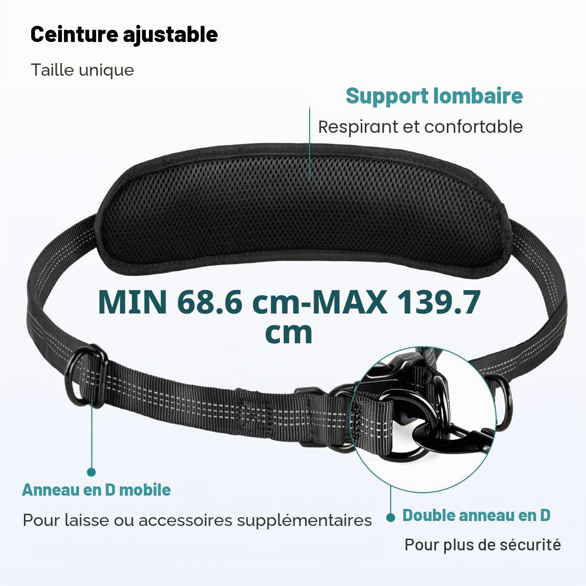 Laisse Mains Libres pour Chien avec Pochette, Double pour Deux Chiens, Laisse rétractable avec Double poignées rembourrées, montée à la Taille pour la Course, la Marche, Le Jogging (Noir/Gris)
