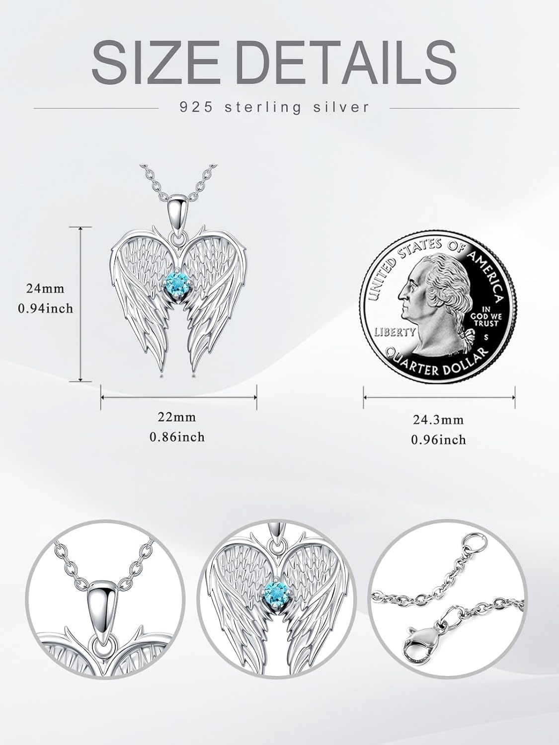 Dorunmo S925 Sterling Silver Angel Wings Necklace for Women, Guardian Angel Birthstone Pendant Jewelry, Religious Memorial Gift for Mom Wife, 18+2 Inch Chain