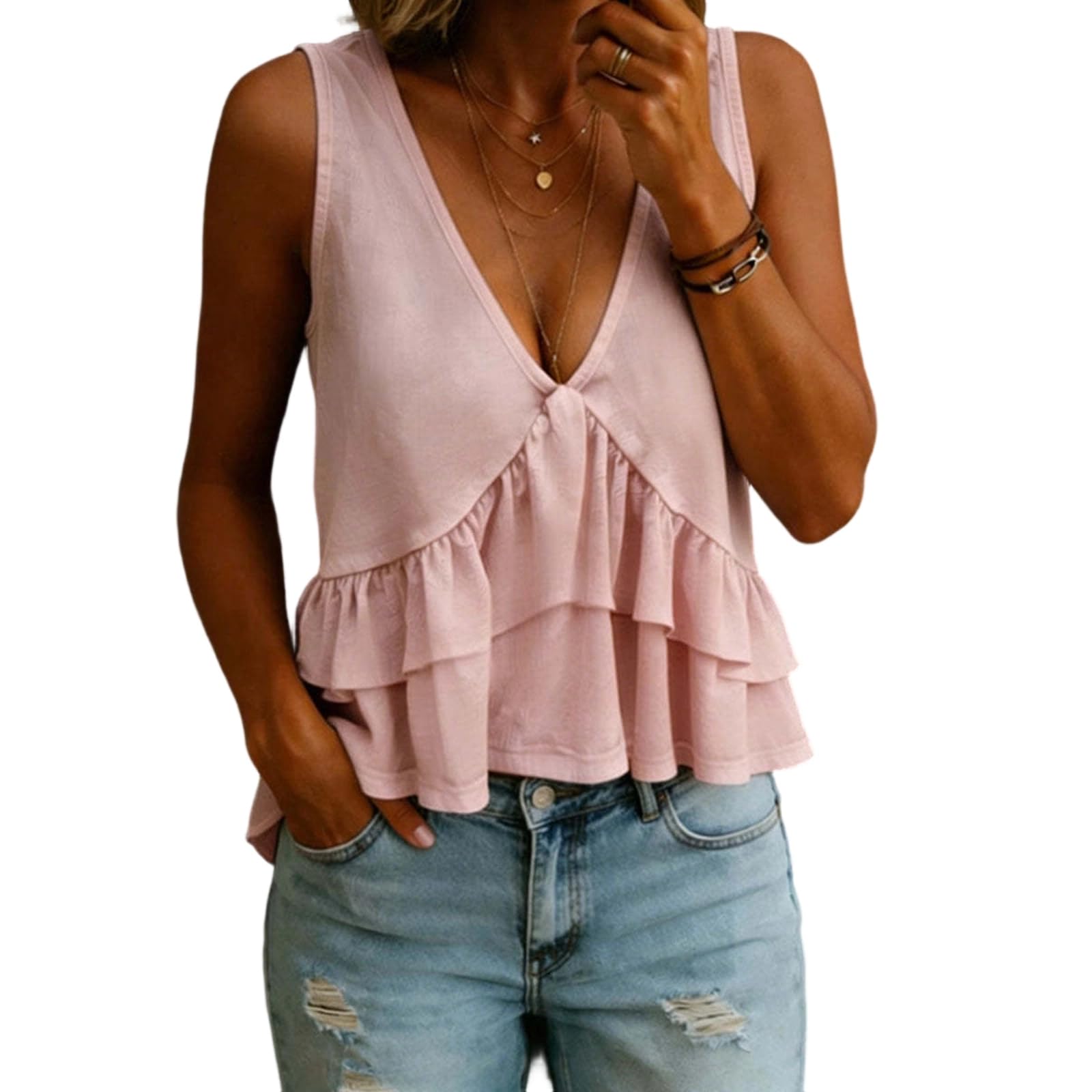 Top senza maniche a V con volant e livelli per donna | donne carina camicetta a strati con volant senza maniche canotta corta ampia stile boho camicie a balze