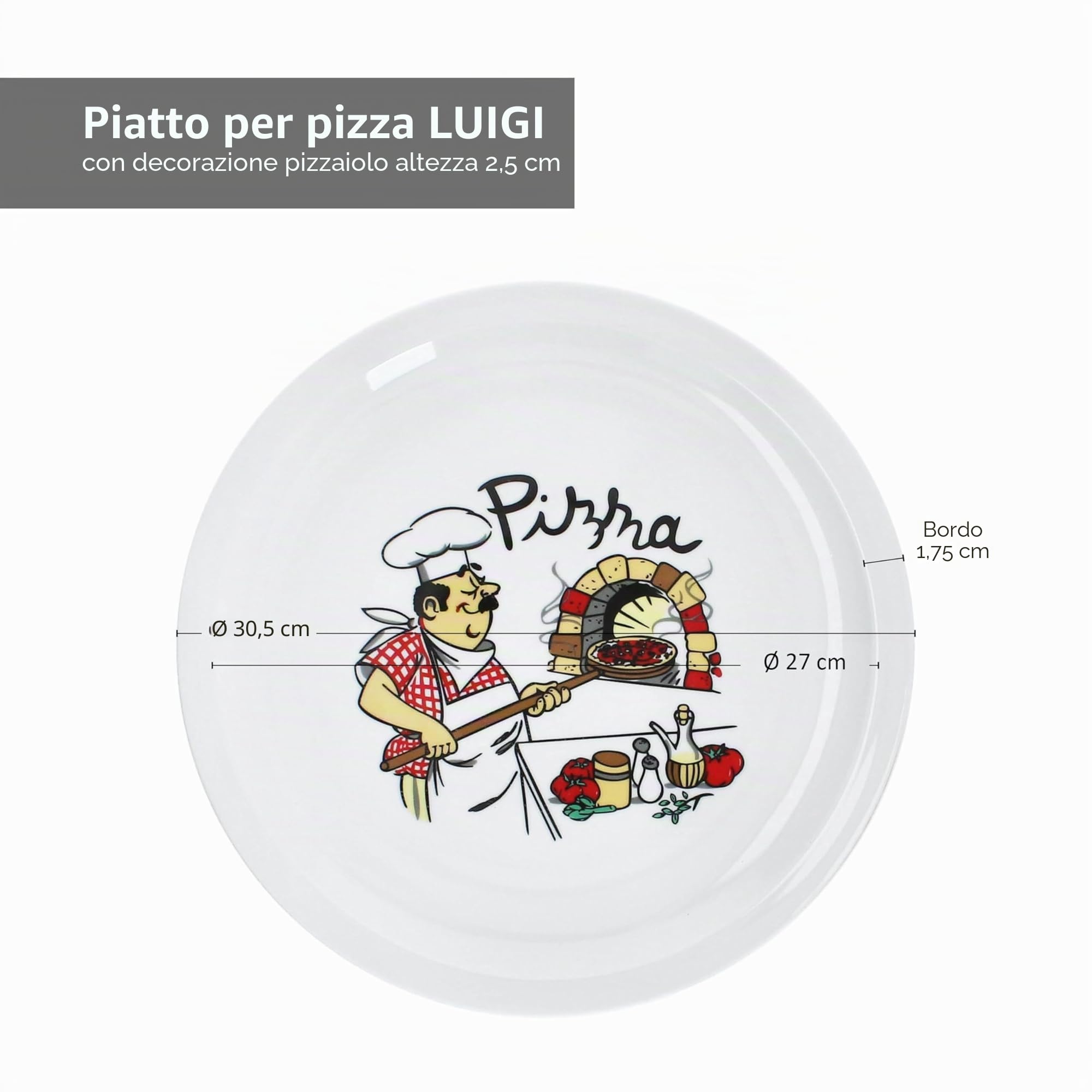 MamboCat Luigi Set di 6 piatti per pizza I Ø 30,5 cm I per 6 persone I Grandi piatti per pizza bianchi in porcellana con motivo da pizzaiolo I Per pizze o per servire I Piatti piani