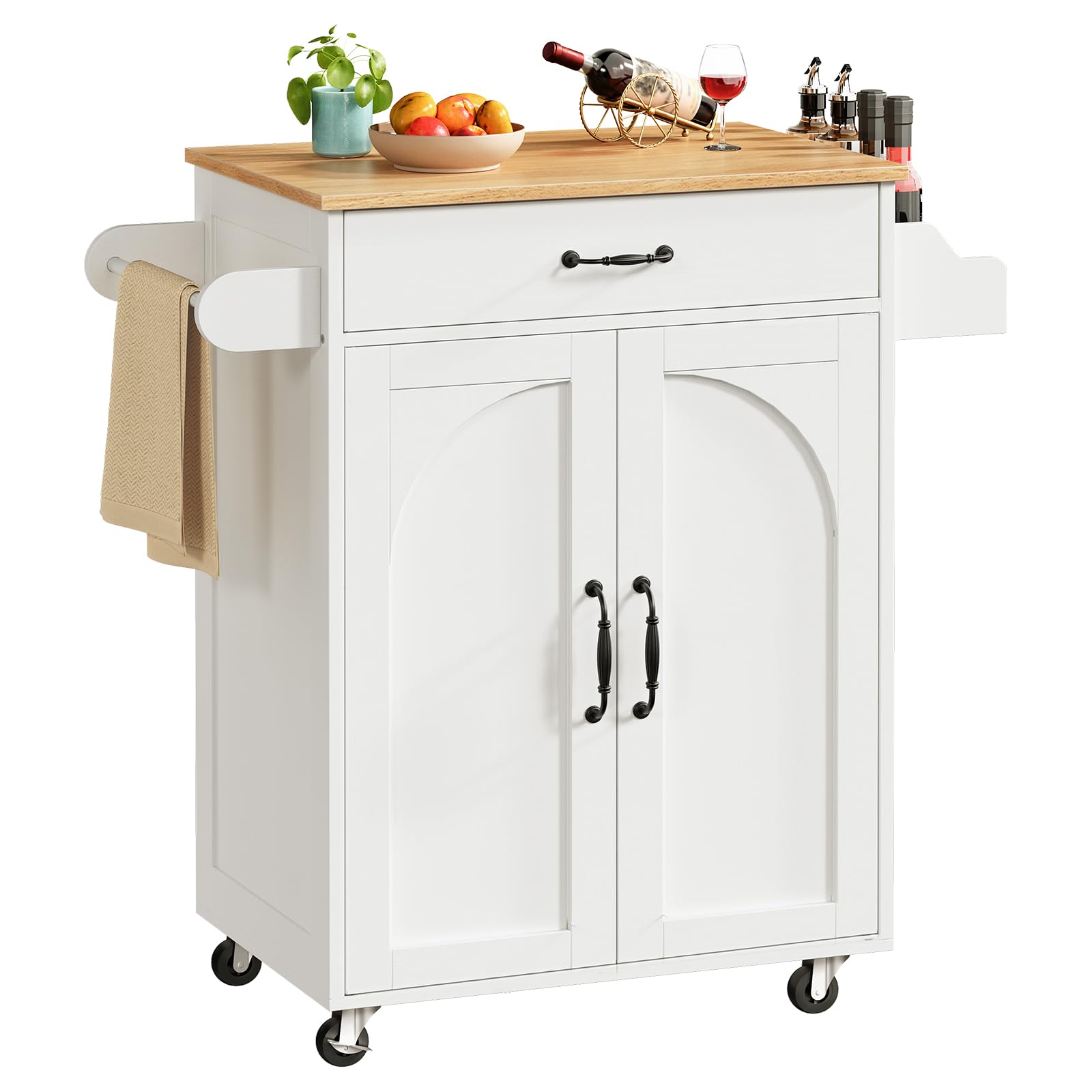 RALGEND Küchenwagen mit Arbeitsplatte und auf Rollen, Kücheninsel mit Schublade, Küchenschrank mit Handtuchstange und Gewürzregal, Rollwagen 60 × 40 × 88 cm, Weiß and Holzfarbe