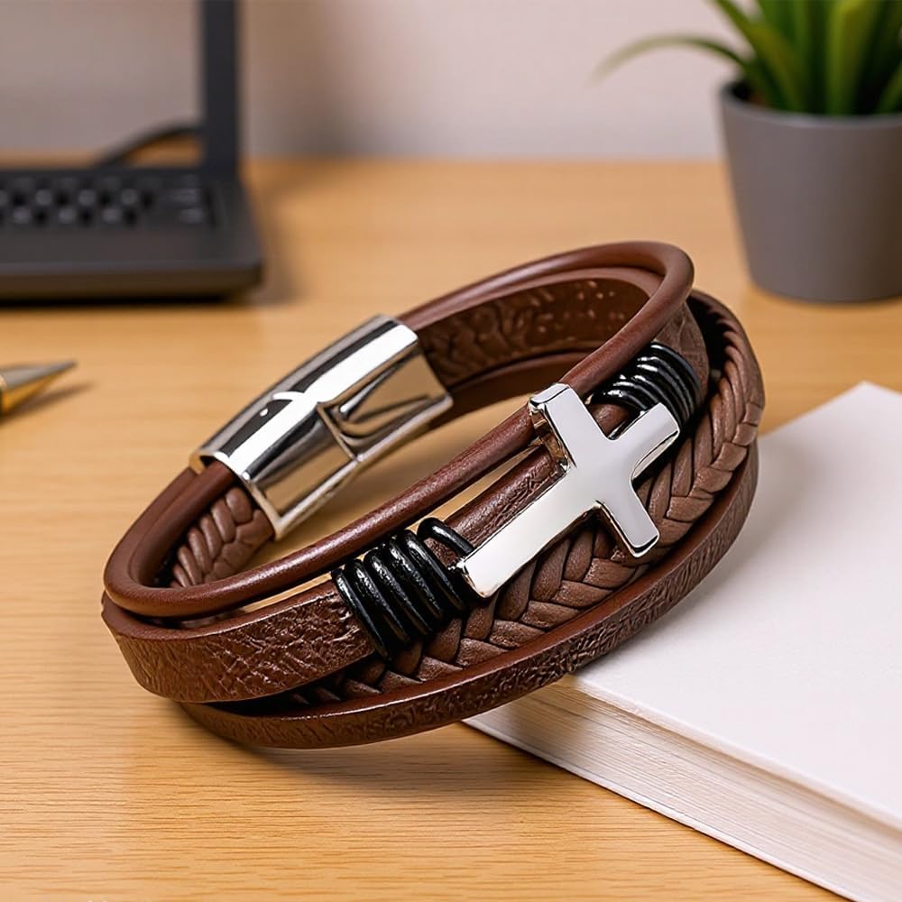 Cross Bracelet for Men，Men's Multi-Layer Braided Leather， Brown Wrap-Around Leather Bracelet with Stainless Steel Silver Cross, Religious Christian Jewelry