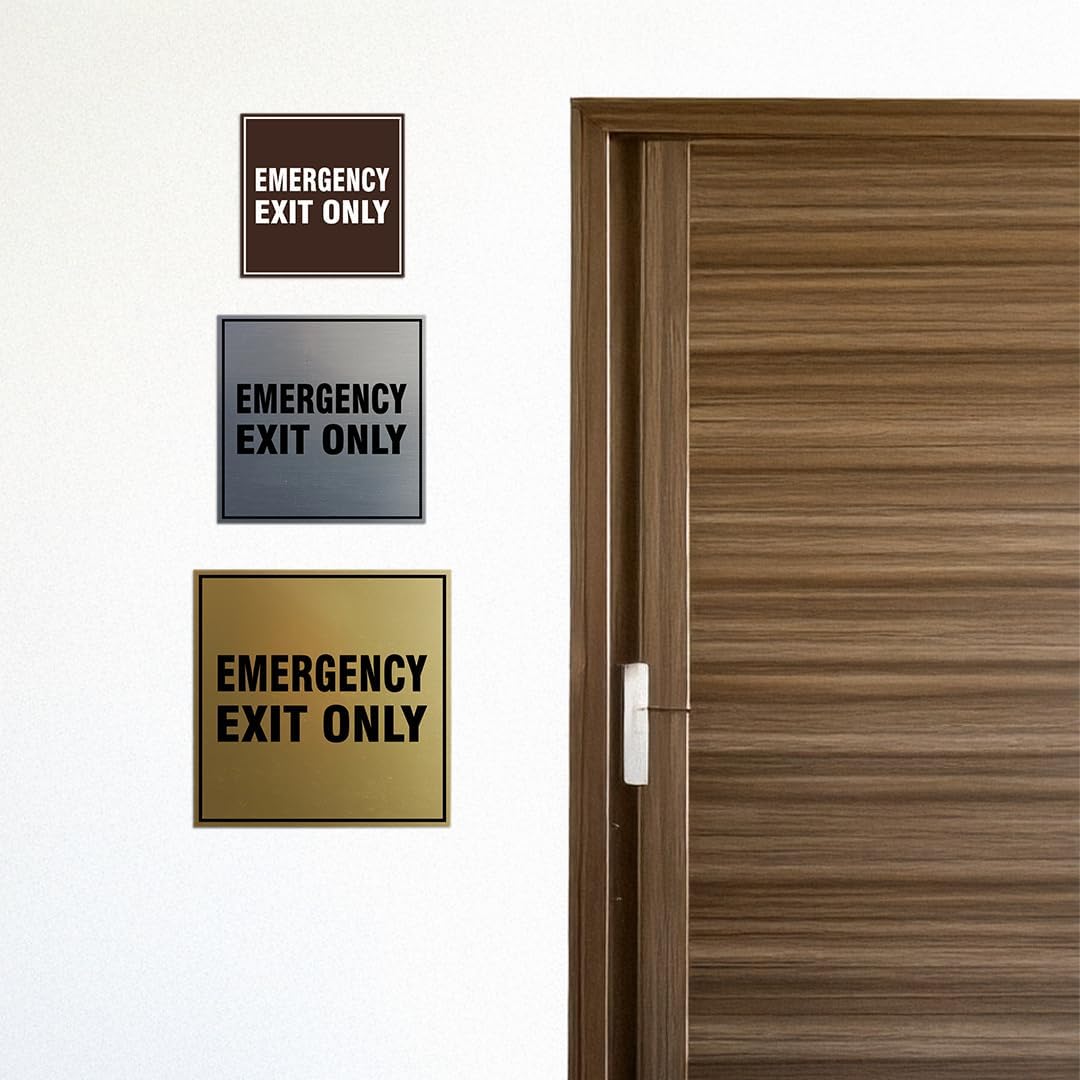 Square Emergency Exit Only Sign with Adhesive Tape, Mounts On Any Surface, Weather Resistant, Indoor/Outdoor Use (Black/Silver) - Large (2 Pack)