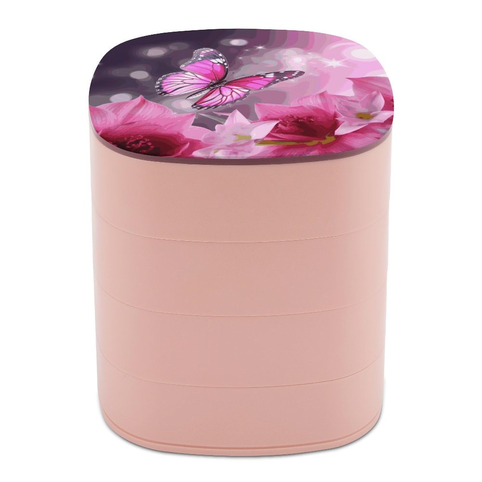 VstaDank Pink Flower And Butterfly Jewelry Box 360° Rotatable Jewelry Organizer 4 Layers Jewelry Case with Lid Fashion Portable Earring Holder for Bracelets Rings Bracelets Vanity