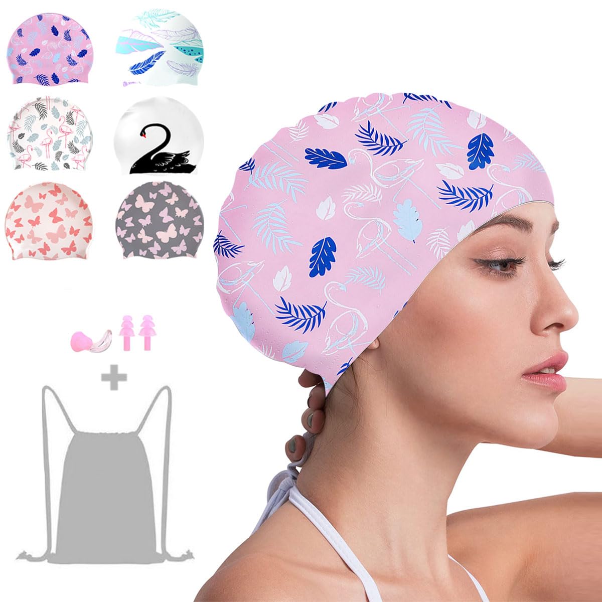 Crazy Bean Gorro de Natación Mujer Silicona Gorro Piscina con Tapones de Oídos y Pinza Nasal Elásticos y Cómodo para Largo Cabello Corto Gorro de Baño