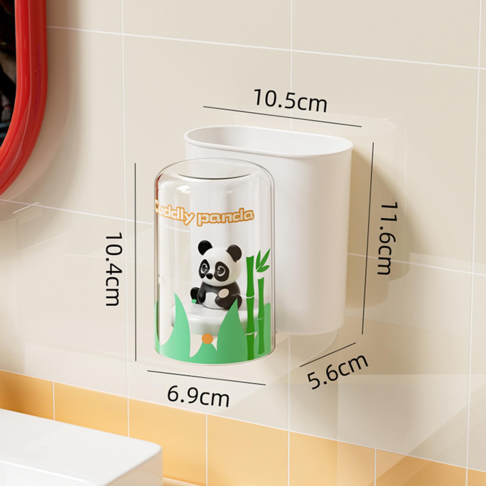 TYZAG™ Tooth Brush Holder Bathroom, Kids Toothbrush Holder with Cup, Plastic Stand for Toothpaste, Toothpaste Holder for Bathroom Kids Drain Waterproof Self-Adhesive, Panda (White, Junior Cup) 2