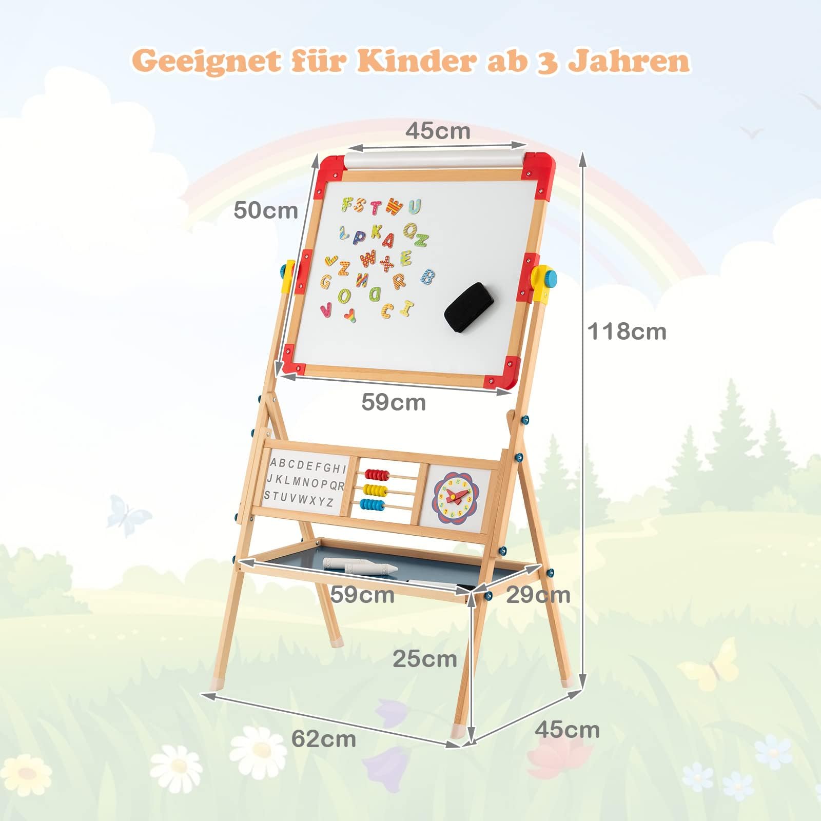 COSTWAY Kindertafel 360°drehbar, Spieltafel doppelseitig mit Kreidetafel & Whiteboard, Magnettafel Holz mit Ablage, Papierrolle, Abakus, Uhr & Alphabet, Standtafel für Kinder ab 3 Jahren