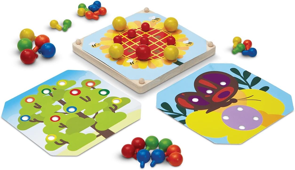 PlanToys Creative Wooden Peg Board With 3 Double Sided Cards (5399) | Sustainably Made from Rubberwood and Non-Toxic Paints and Dyes