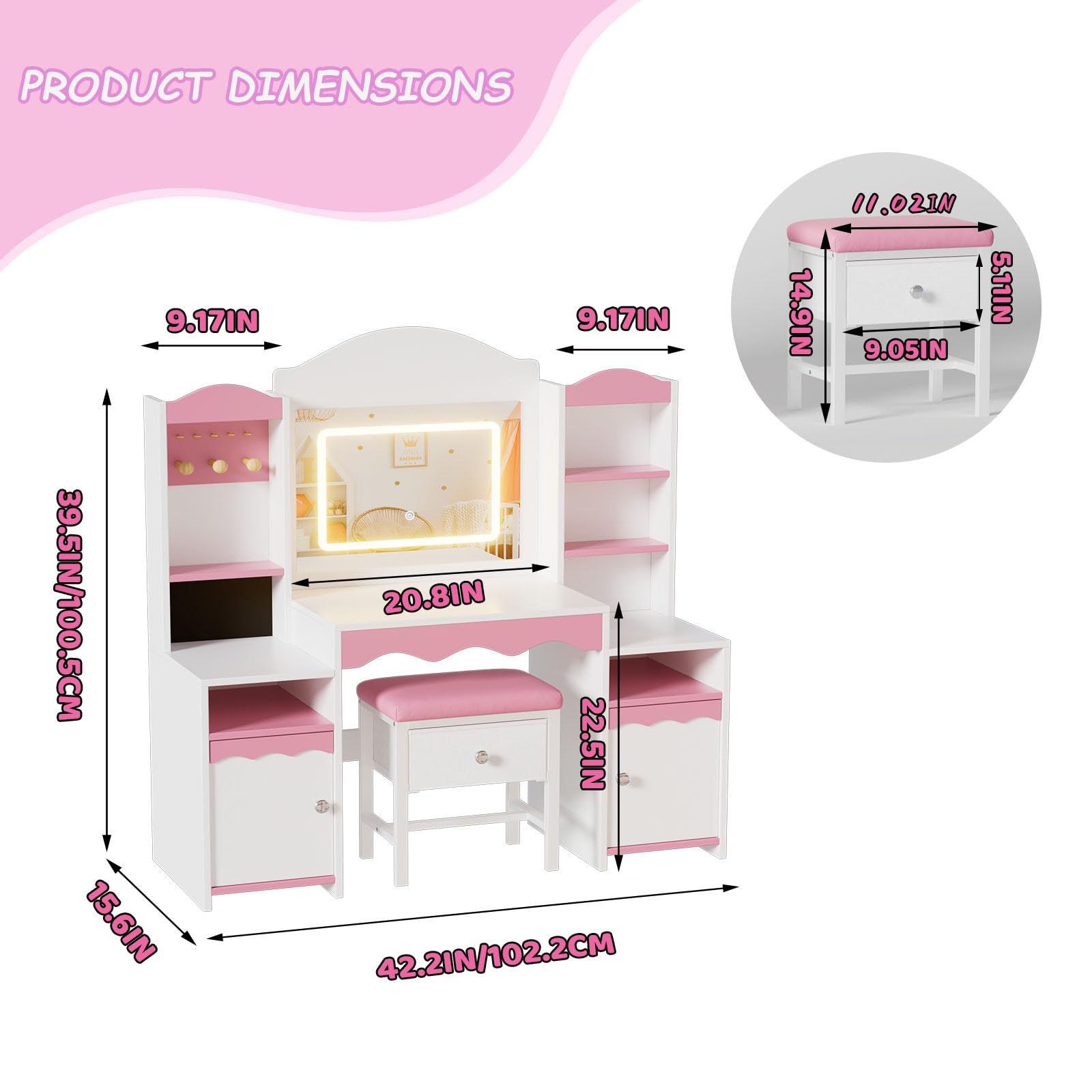 MSFE 2 en 1 Coiffeuse Enfants avec LED Miroir & Chaise, Coiffeuses en Bois avec Support pour Bijoux, Grand Rangement, Ensemble de Bureau Enfant, Table de Maquillage pour Chambre à Coucher