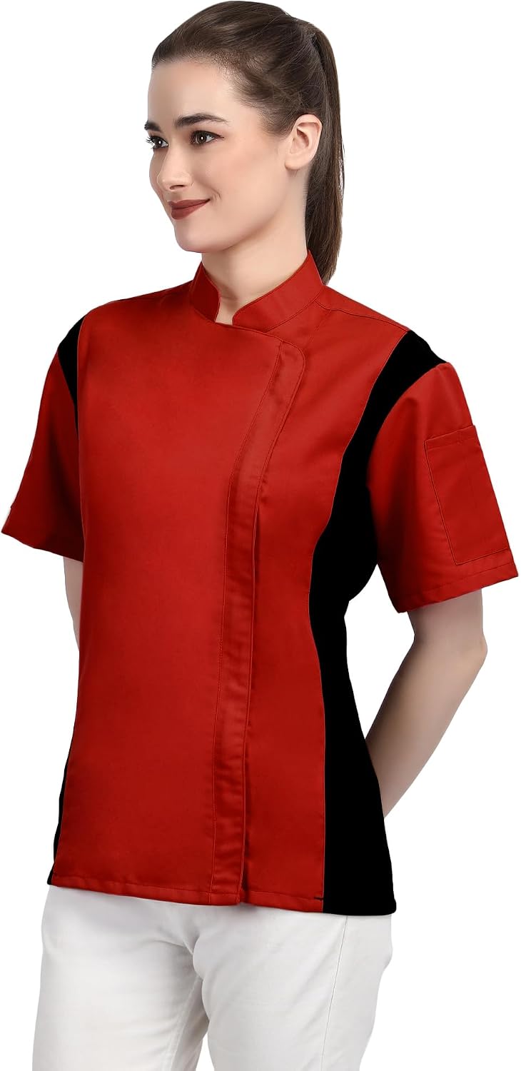 Short Sleeves Zipper Chef Coat Jacket Uniform for women with Side Mesh ideal for Caterers and Culinary professional