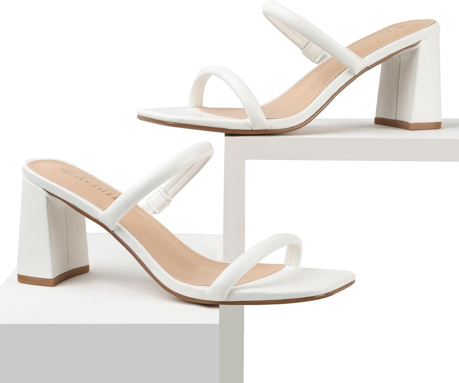 Women's Square Open Toe Heeled Sandals Two Strap Mules Slip On Block Chunky Mid Heels Sandals - Image 7