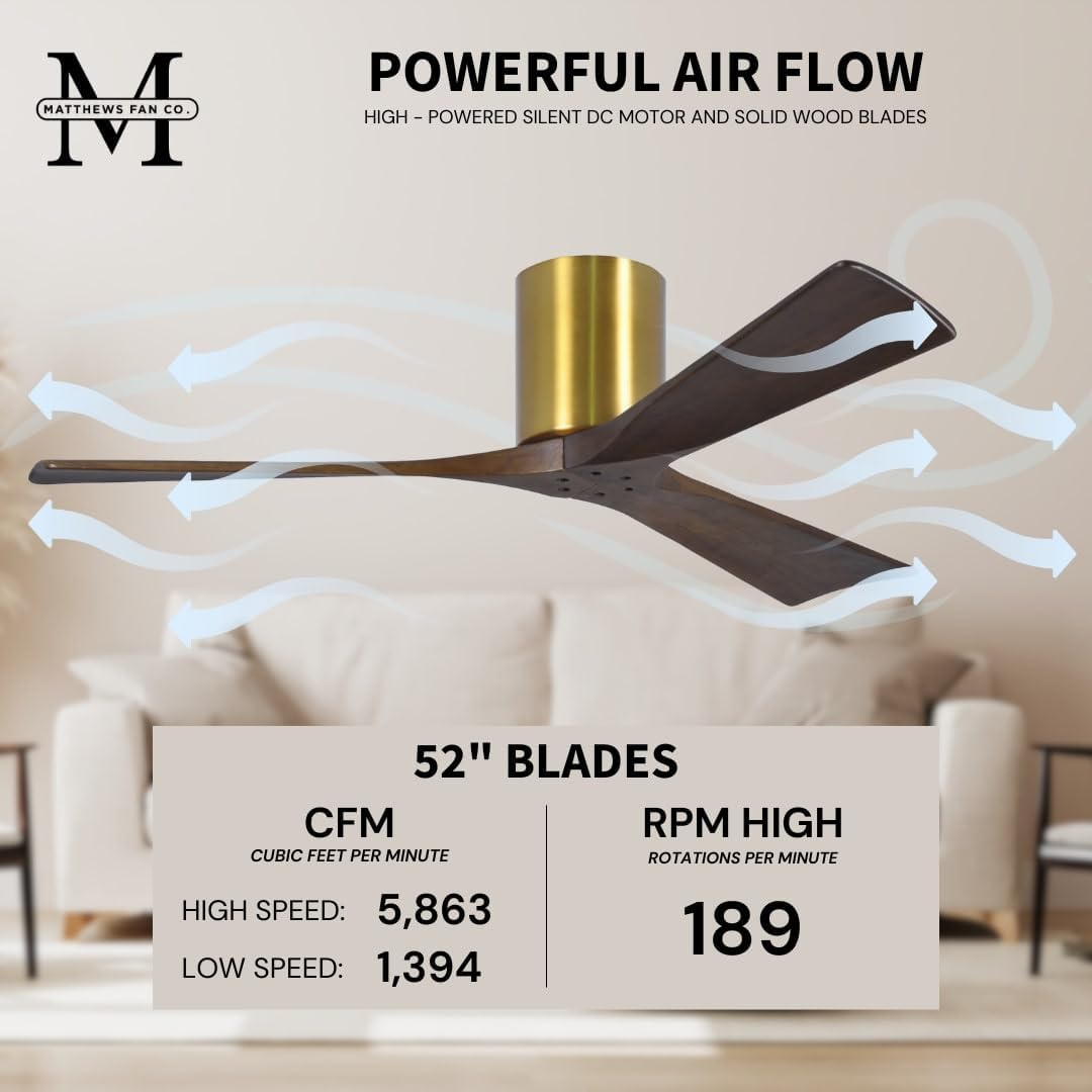 Matthews IR3H-BRBR-WA-52 Irene Indoor/Outdoor Damp Rated 52" Hugger Ceiling Fan with Remote & Wall Control, Silent DC Motor, 3 Walnut Tone Solid Wood Blades, Brushed Brass