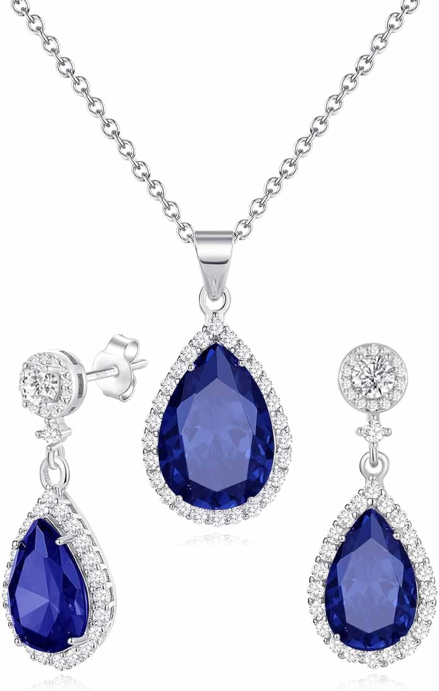Jewelry Sets For Women 925 Sterling Silver Post Teardrop Dangle Stud Earrings Necklace Set Crystal Rhinestone Wedding Prom Costume Jewelry for Women
