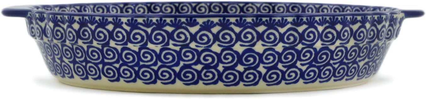 Polmedia Polish Pottery Pie Dish Fluted with Handles - Wave Of Flowers Pattern Handmade in Boleslawiec Poland + Certificate of Authenticity