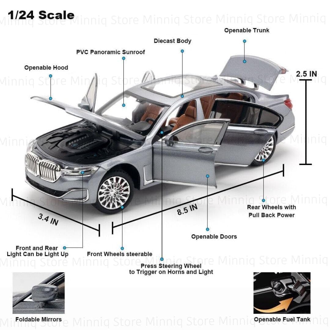 Advisian store Scale 7-Series 760Li Exclusive Alloy Metal Pull Back Die-cast Car with Sound Light Toy for Kids Metal Model Toy Car with Sound and Light (1:24 Scale B-M-W 7-Series 760i-GREY)