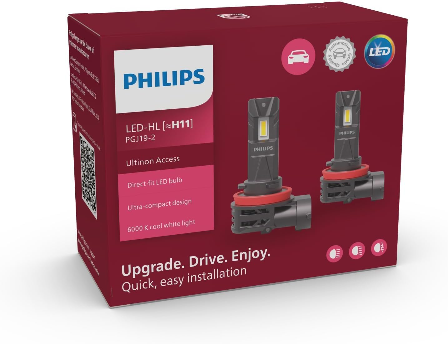 Philips Ultinon Access LED car headlight bulb (H11), ultra-compact direct-fit, 80%, 6.000K, set of 2
