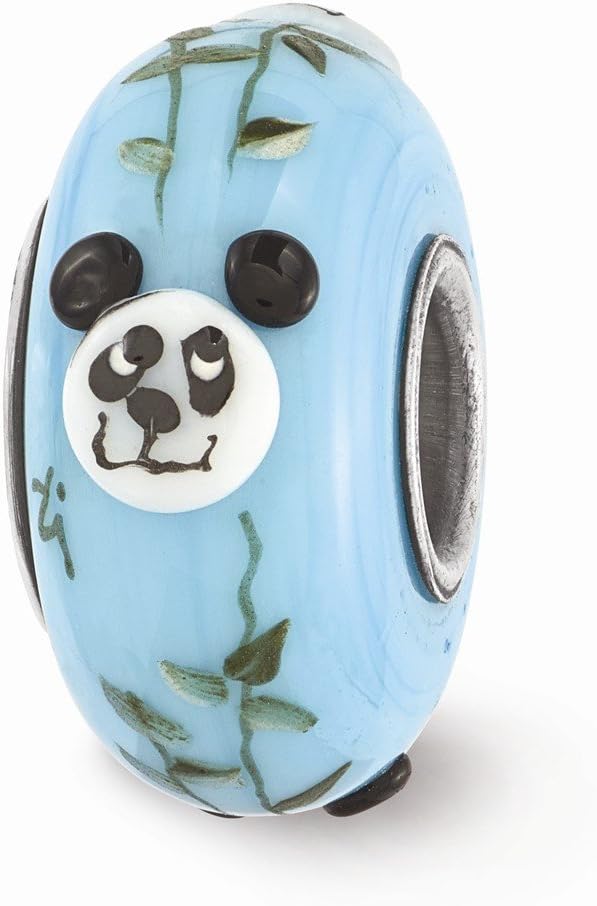 Fenton Blue Hand Painted Panda Face Glass & Sterling Silver Bead Charm