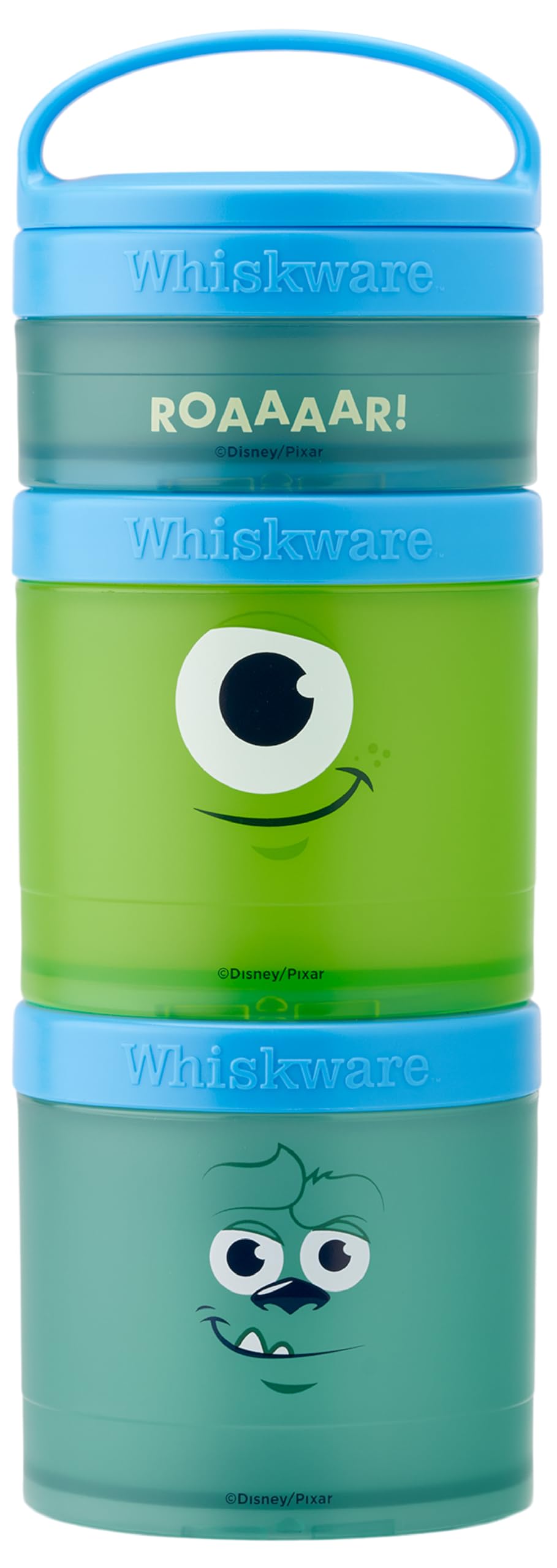 Whiskware Disney Pixar Stackable Snack Containers for Kids and Toddlers, 3 Stackable Snack Cups for School and Travel, Monsters Inc Mike Wazowski and Sulley
