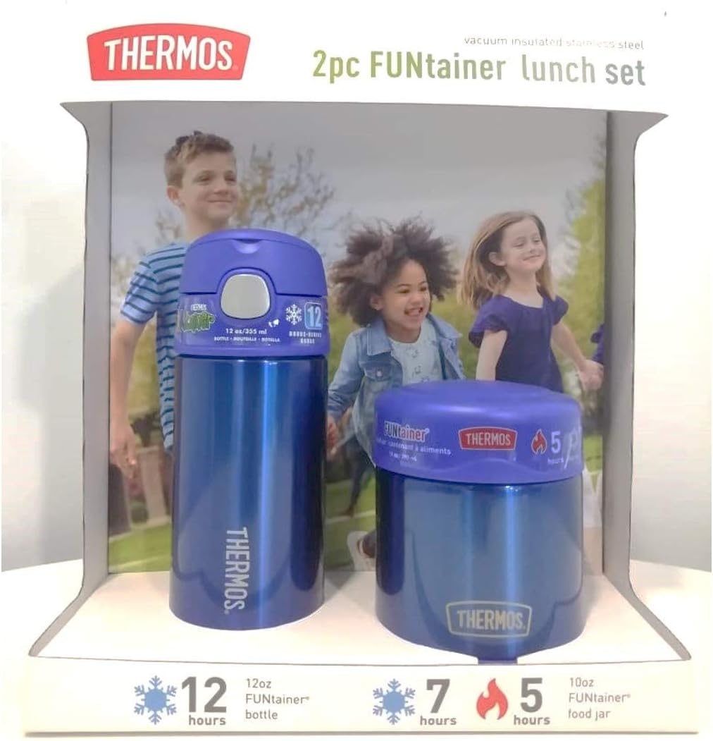 FUNtainer Lunch Set Bottle and Food Jar for Kids BPA Free Dishwasher Safe, 2 PC (Blue, 2 PC Set)