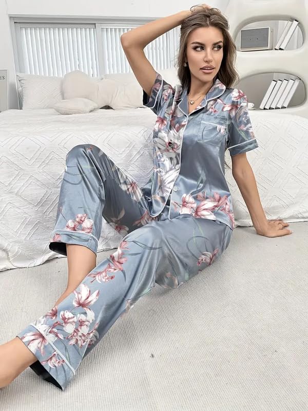 Image of Night Suit for Women with Full Sleeve Button-Down Top with Pant Dress for Woman, Cotton Night Dress for Woman, Two-Piece Loungewear Set