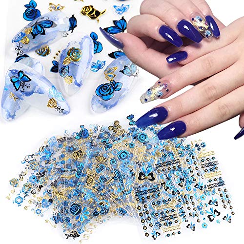 Butterfly Nail Art Stickers Flowers Butterflies Nail Art Supplies 3D Designs Nail Decals Self-Adhesive Foil Nail Stickers for Women Girls DIY Manicure Tips Decoration (15 Sheets Blue/Gold Set)