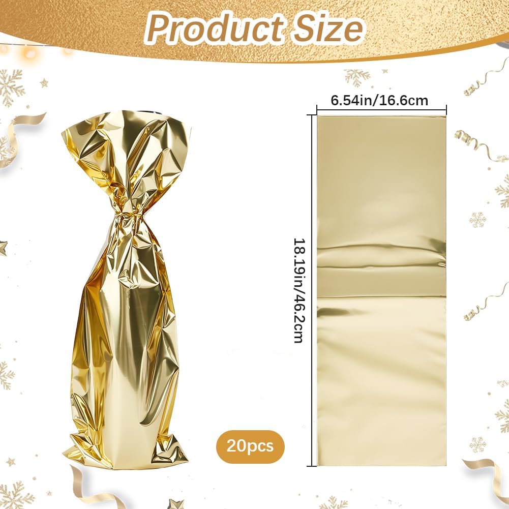 Beebeecraft 20Pcs Wine Bottle Gift Bags Gold Metallic Wine Pouch Gift Wrap with 20Pcs Ties Reflective Polypropylene Film Bags for Wine Bottles Sparkle Look Christmas Birthday Party Favors 18.2x6.5inch