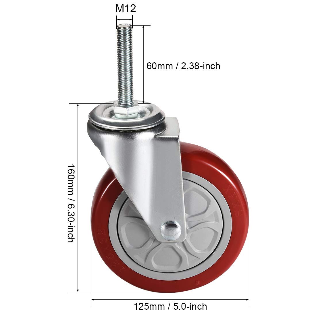 Ruedas giratorias de poliuretano, rueda de 5 pulgadas de diámetro M12 x 60 mm, eje roscado, capacidad de 308 lb