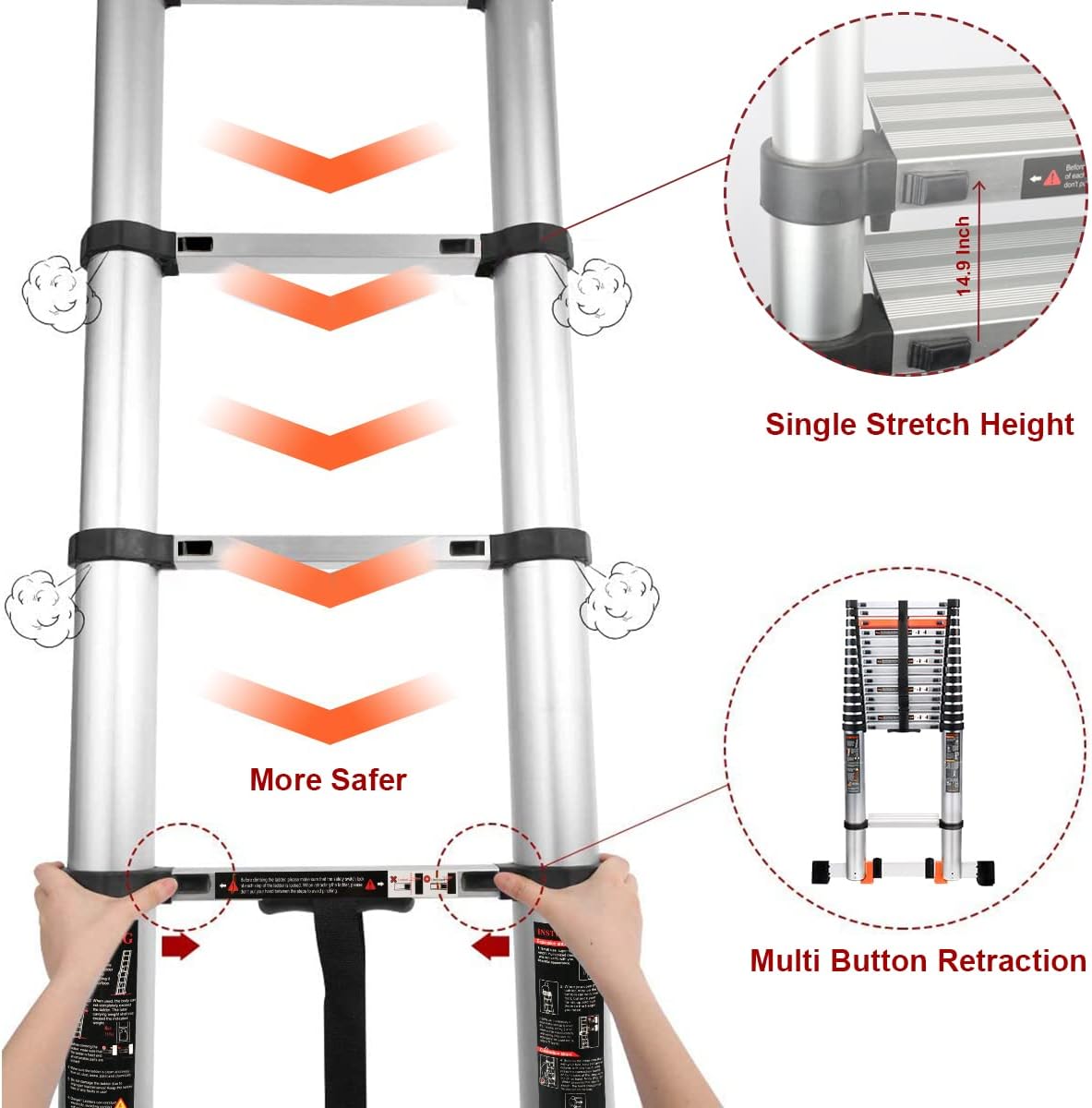 18.5FT Aluminum Telescoping Ladder, Extension Telescoping Ladder with Stabilizer Bar, Nonslip and Hook Plastic Block for Household Daily, Maximum Load 330 Pound - - 