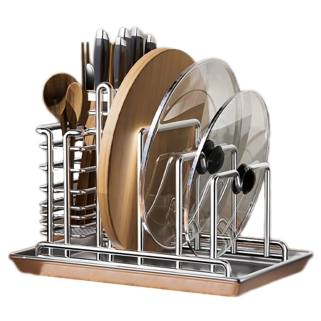 Support multifonctionnel pour ustensiles de cuisine avec égouttoir pour casseroles, couvercles, planches à découper, couteaux, baguettes, cuillères, fourchettes, couverts sur le plan de travail de