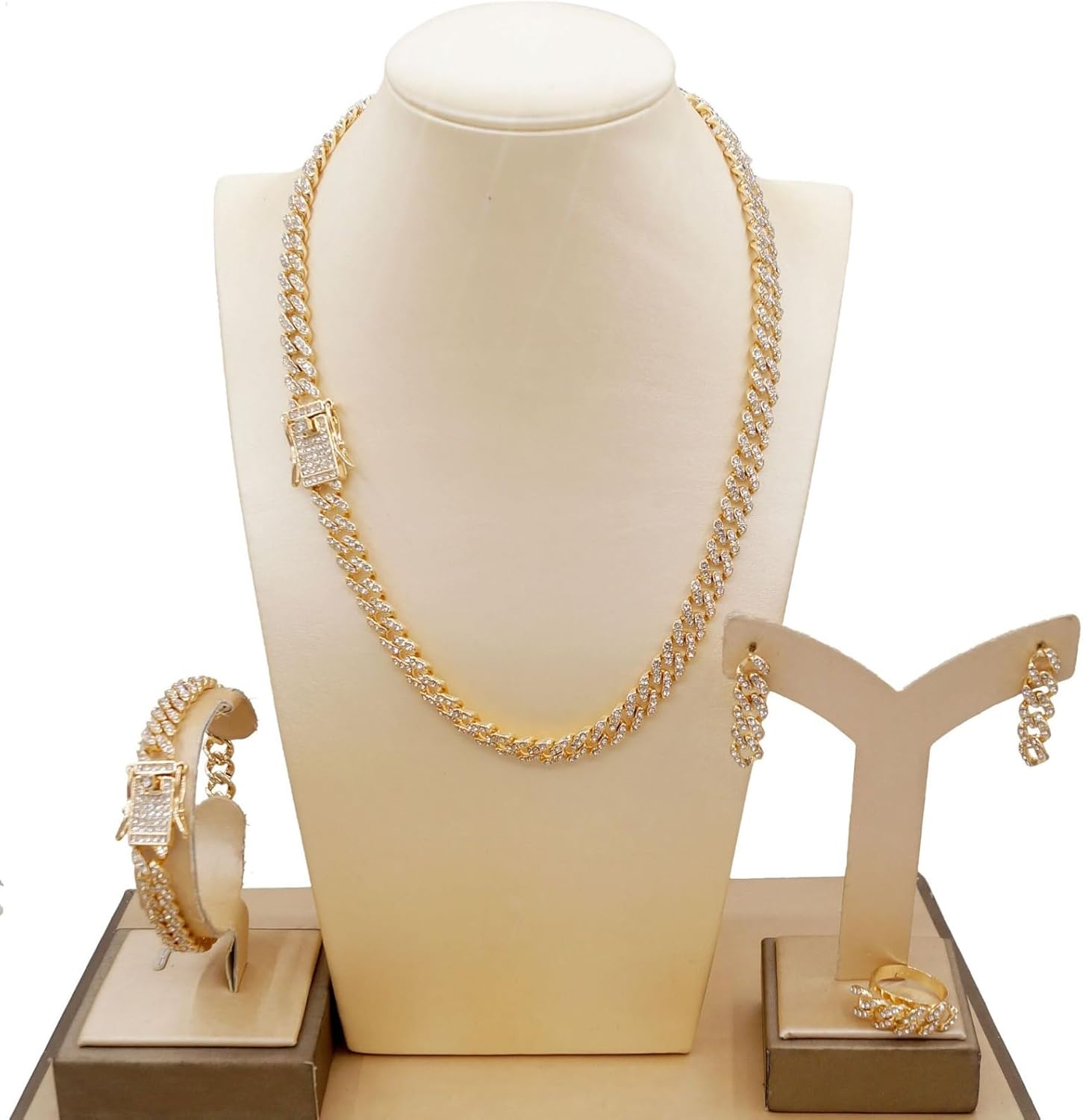 WAHZAUS スパークリングジュエリーセット レディース クリスタルキューバリンクチェーンネックレス ブレスレットイヤリング 調節