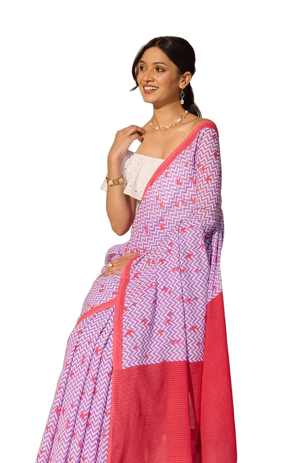 Light Violet Screen Printed Bengal Pure Cotton Mulmul SareeWith Unstitched Blouse(SAPP01AD8120-Light Violet)-image-0