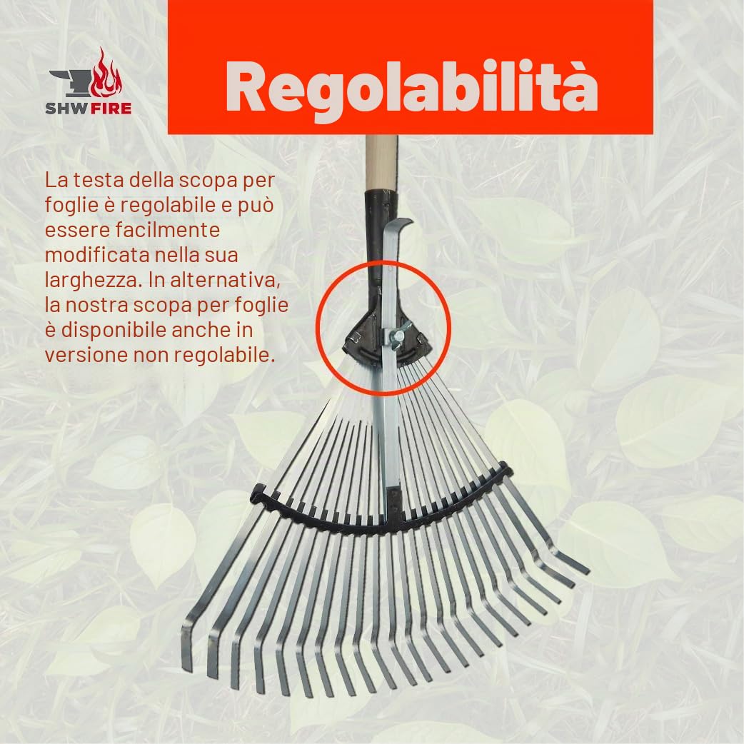 SHW-FIRE 59068 rastrello per foglie professionale, zincata, larghezza regolabile, 22 denti, con manico in legno di frassino, lunghezza di 135 cm, colore argento