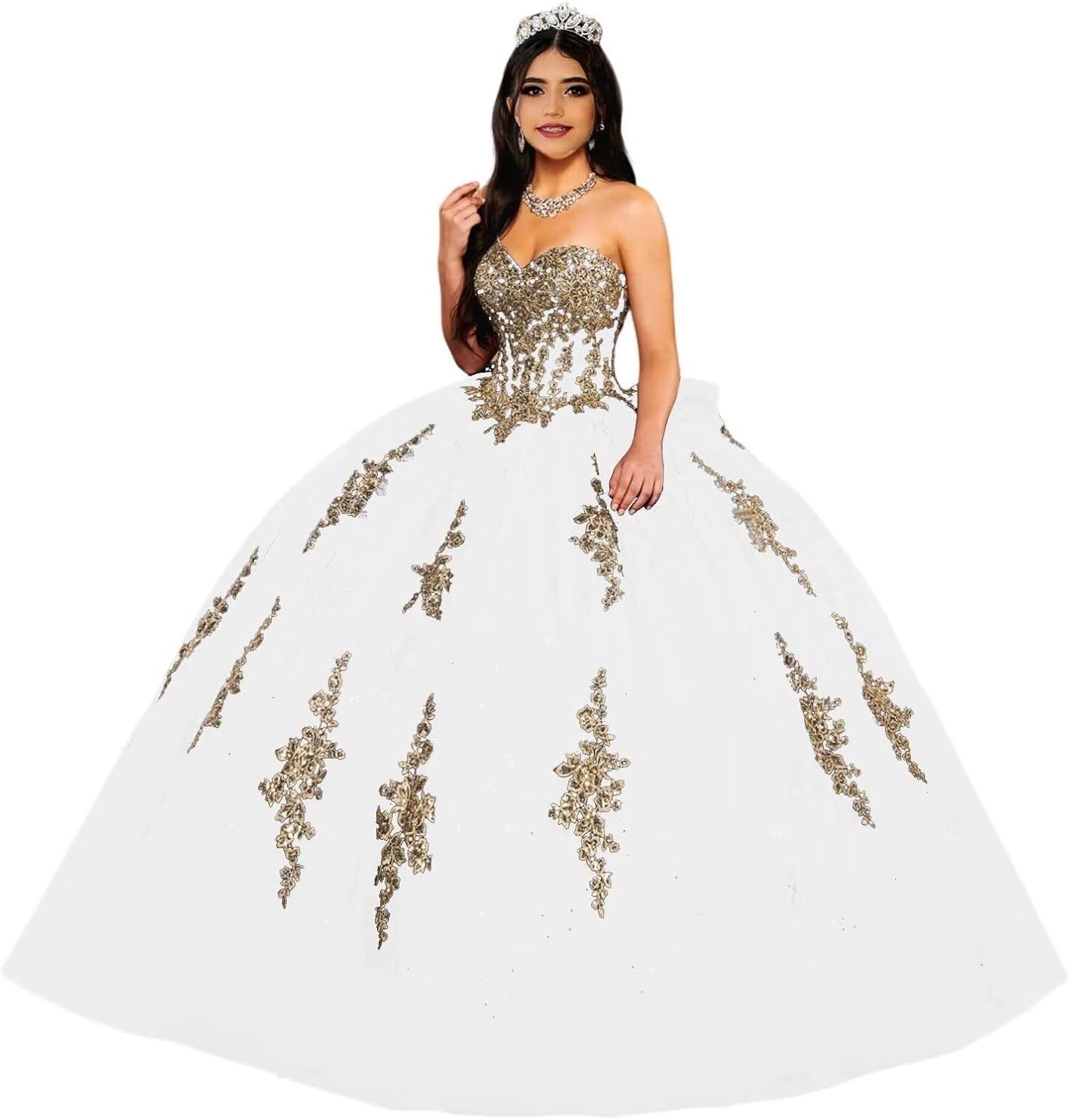 Fuomomo Women's White Gold Lace Appliques Sweetheart Quinceanera Dresses Puffy Ball Gowns Strapless Prom Dresses With Bow Mt035