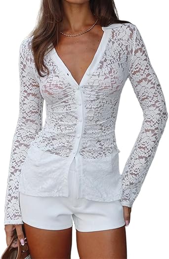 LOFAAC Women Sexy Deep V Neck Button Down Lace Long Sleeve Top Y2K Slim Fit See Through Collared Sheer Mesh Blouse Shirt