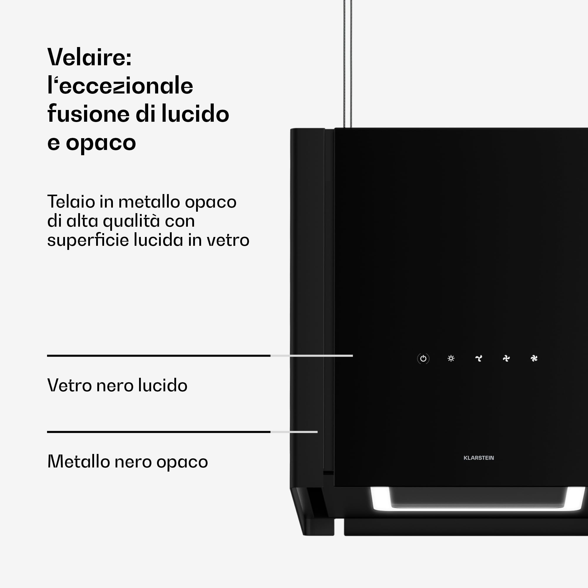 Klarstein Velaire - Cappa Aspirante a Soffitto - 601 m³/ora, Efficienza A++, Touch, LED, Filtro a Carboni Attivi, 41x41x40 cm, Cappa Filtrante da Cucina Sospesa, Nera