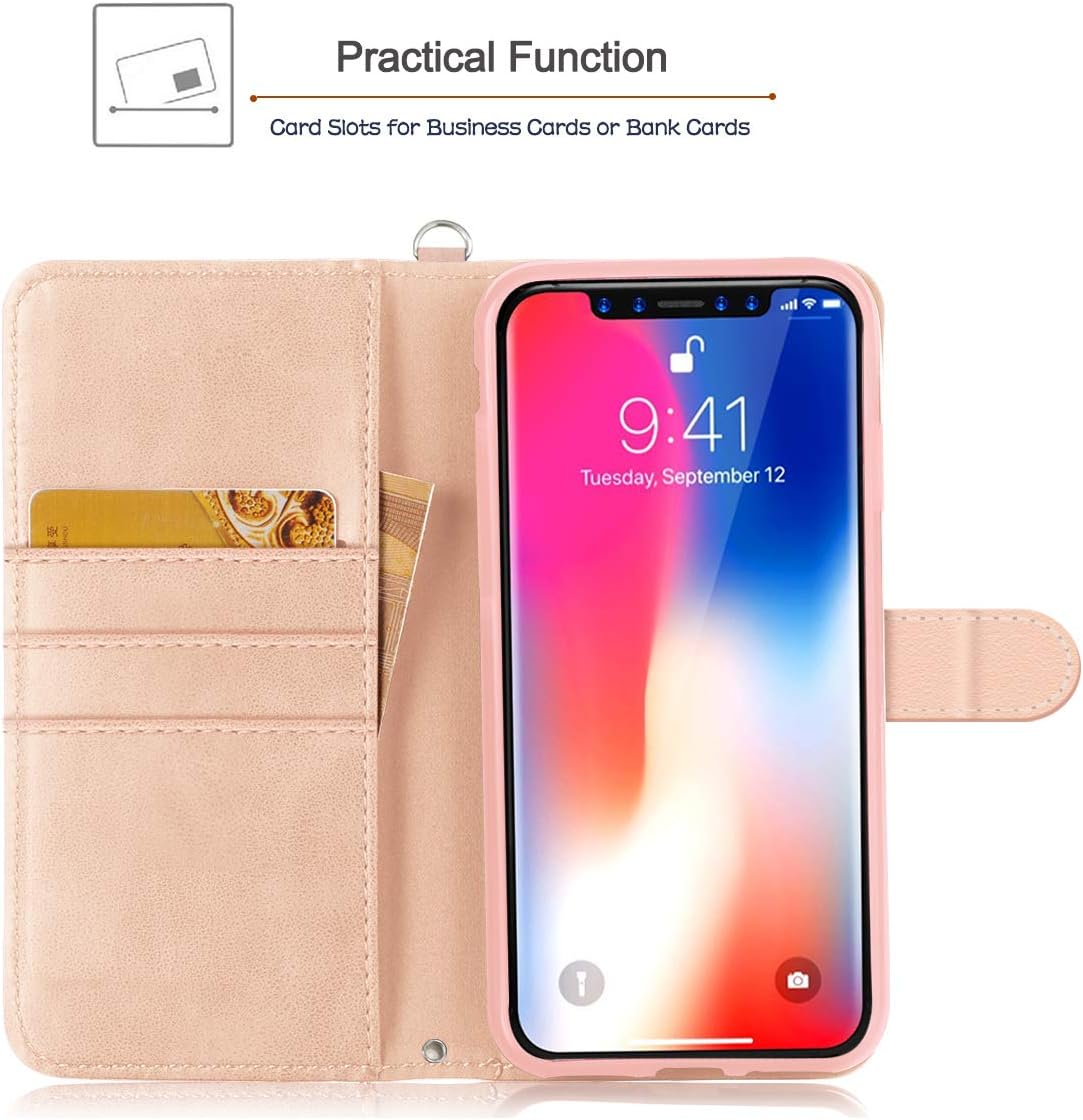 iPhone XR Case, Hocase PU Leather Full Body Protective Wallet Case with Credit Card Holders, Wrist Strap, Magnetic Closure for iPhone XR 2018 w/ 6.1-inch Display - Peony/Rose Gold