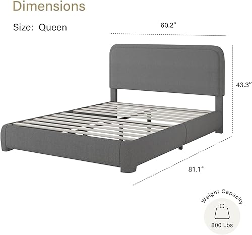 Miniatura 2 de BarnFurin Base de cama de tamaño Queen, base de cama tapizada de plataforma con cabecero, estilo moderno, esquinas suaves y redondeadas, no hace