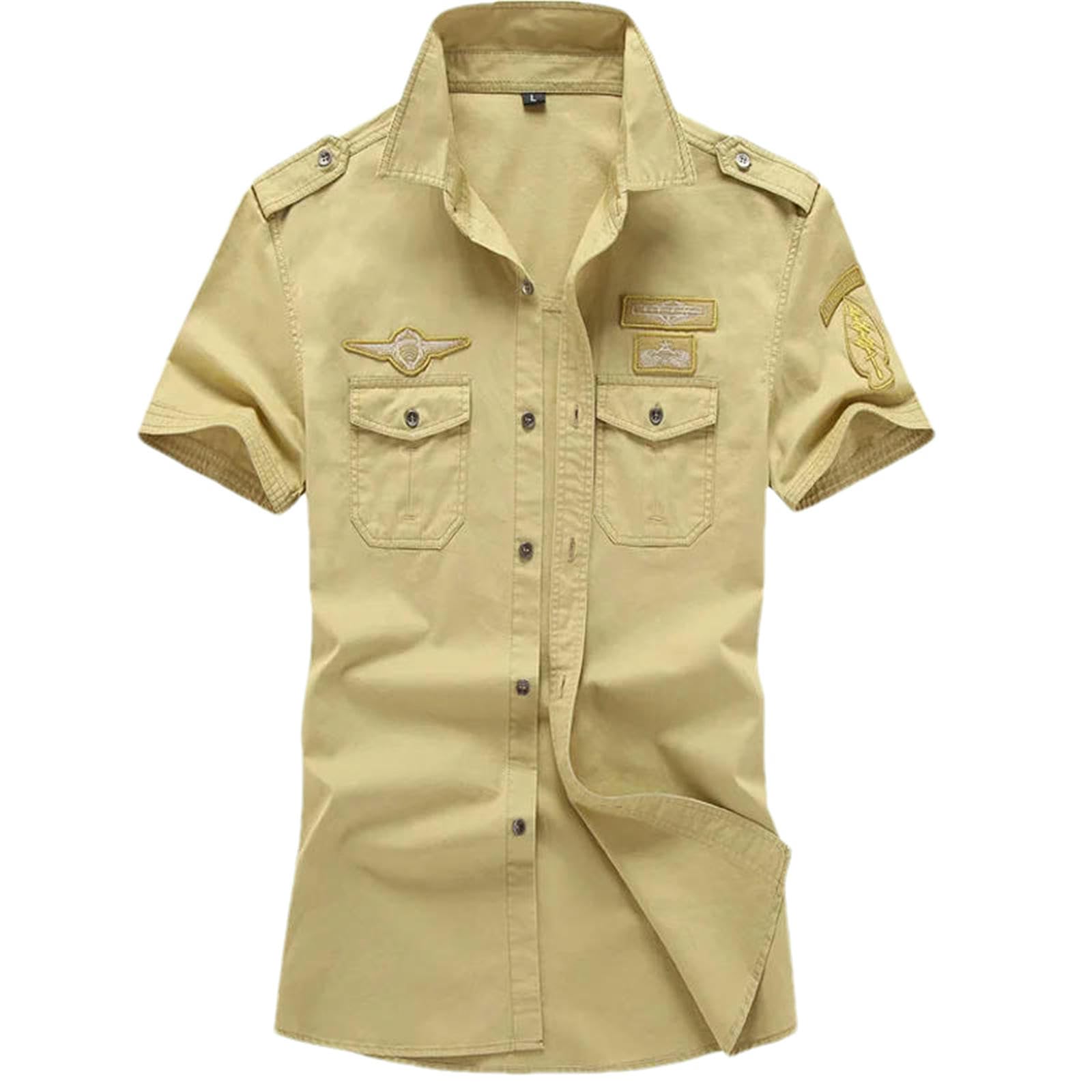 Camicia da uomo a maniche corte in cotone stile militare Button-Down camicie casual ricamate con tasche sul petto