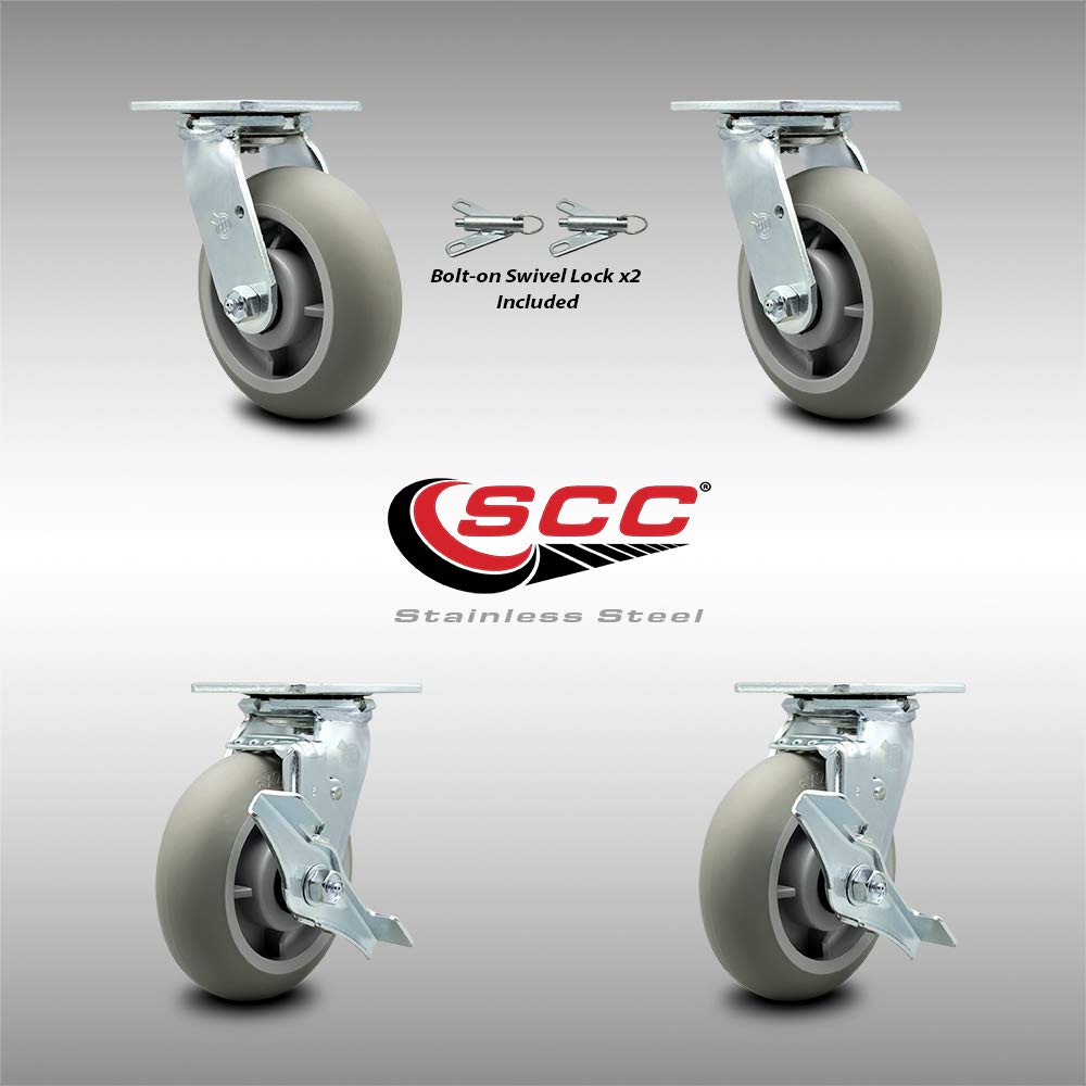 Stainless Steel Heavy Duty Swivel Caster Set of 4 with 6 Inch Thermoplastic Donut Tread Wheels and Ball Bearings-Includes 2 Swivel with Bolt on Swivel Lock and 2 Swivel with Brake-Service Caster Brand