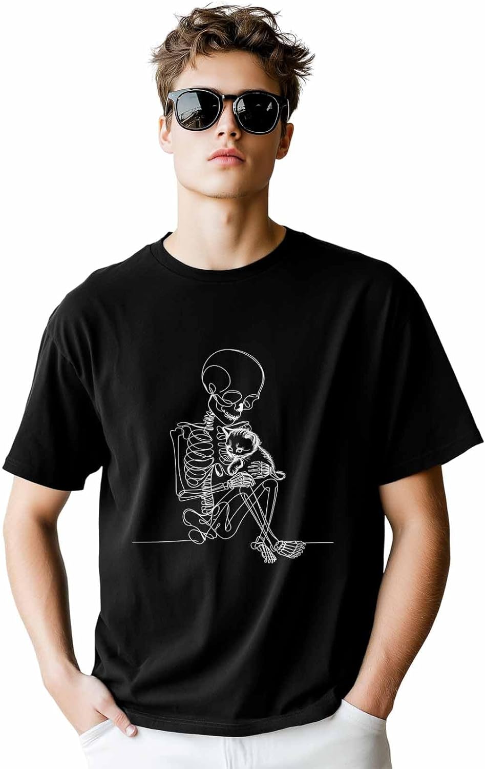 Men's T-Shirt Skeleton Hug Cat Graphic Tees Cotton Short-Sleeve Casual Tops