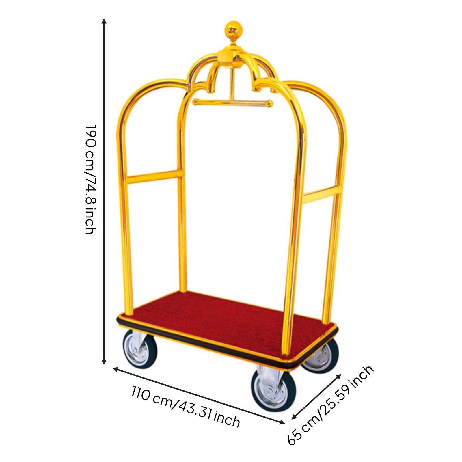 Carro de Equipaje para Hotel Carrito Maletero Portaequipajes Carro Porterero Acero Inoxidable Estructura Robusta Base Alfombrada Giratorios 4 Ruedas